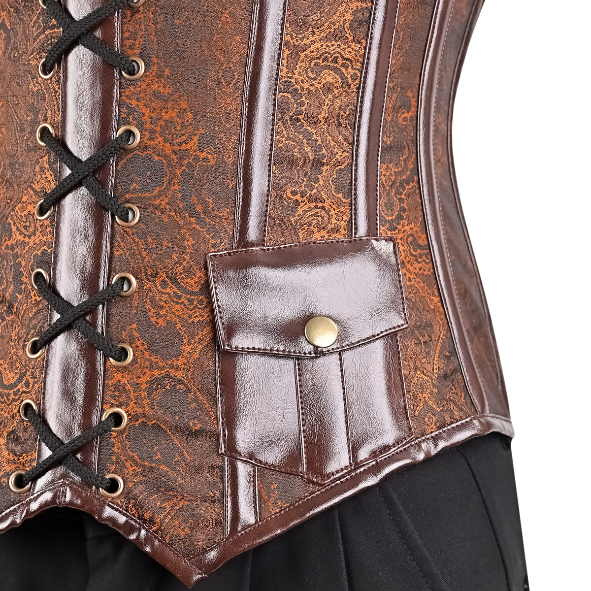 Brown Brocade overbust Male Corset with  Harness Straps