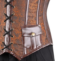 Brown Brocade overbust Male Corset with  Harness Straps