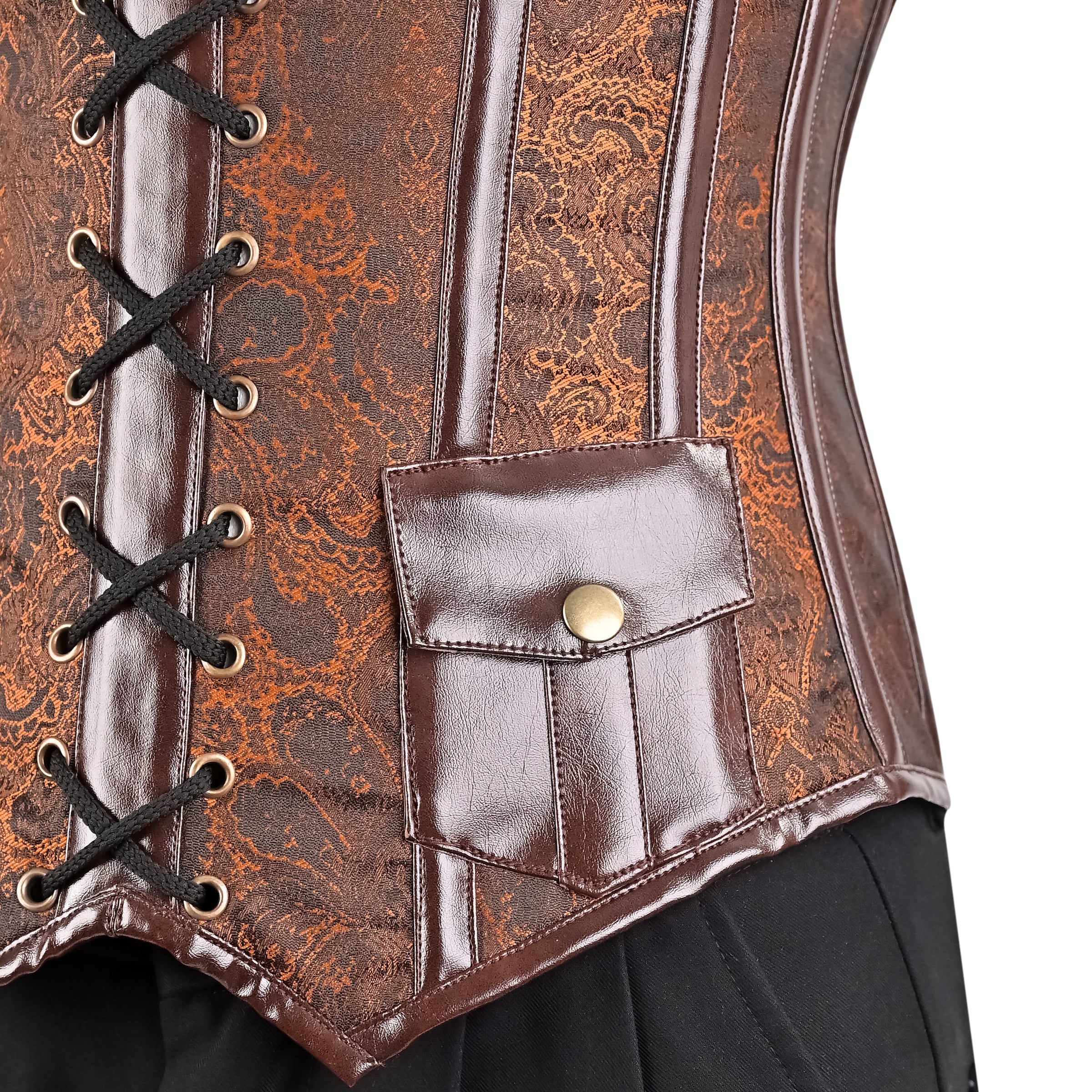 Brown Brocade overbust Male Corset with  Harness Straps