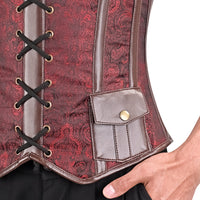 Burgundy Brocade overbust Male Corset with  Harness Straps