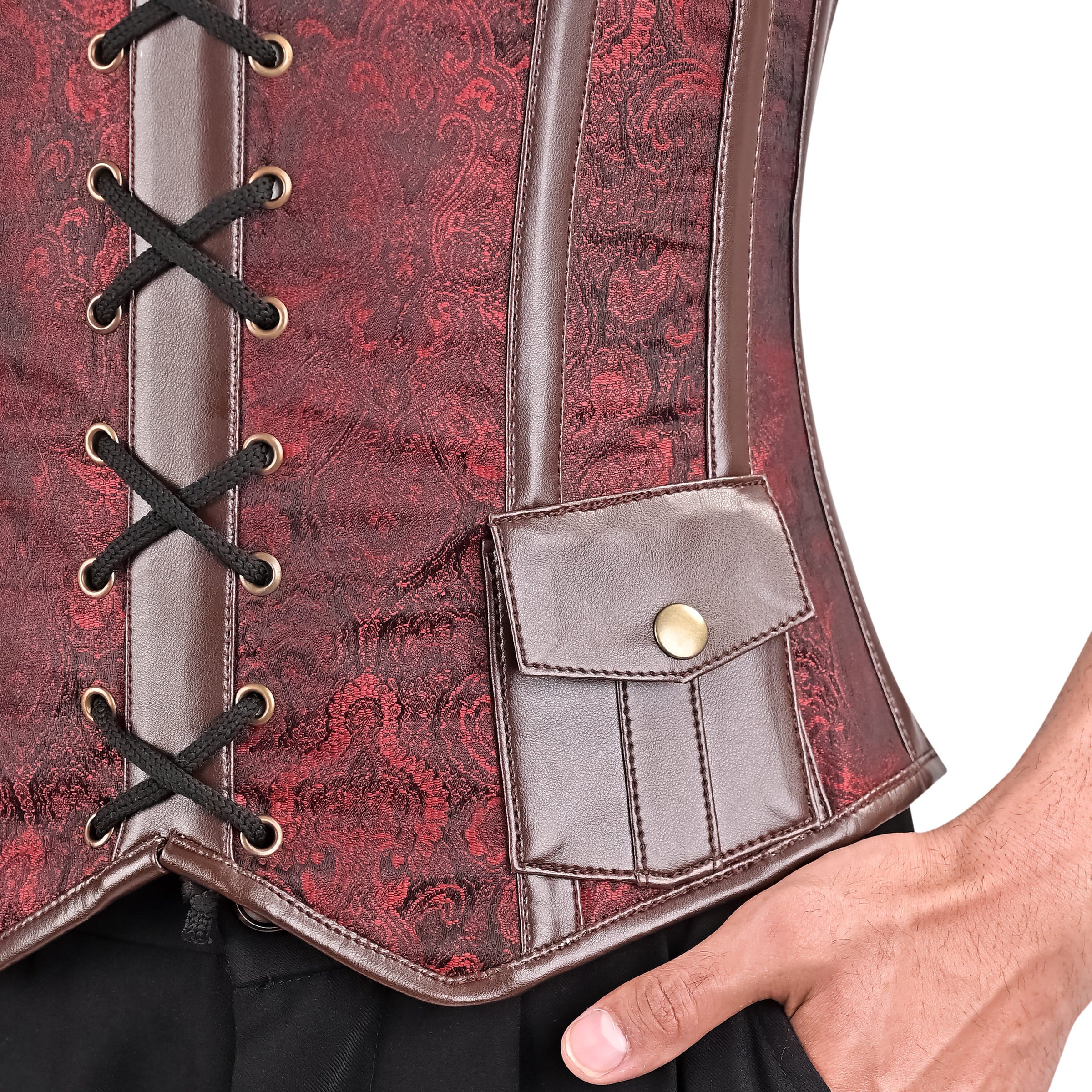 Burgundy Brocade overbust Male Corset with  Harness Straps