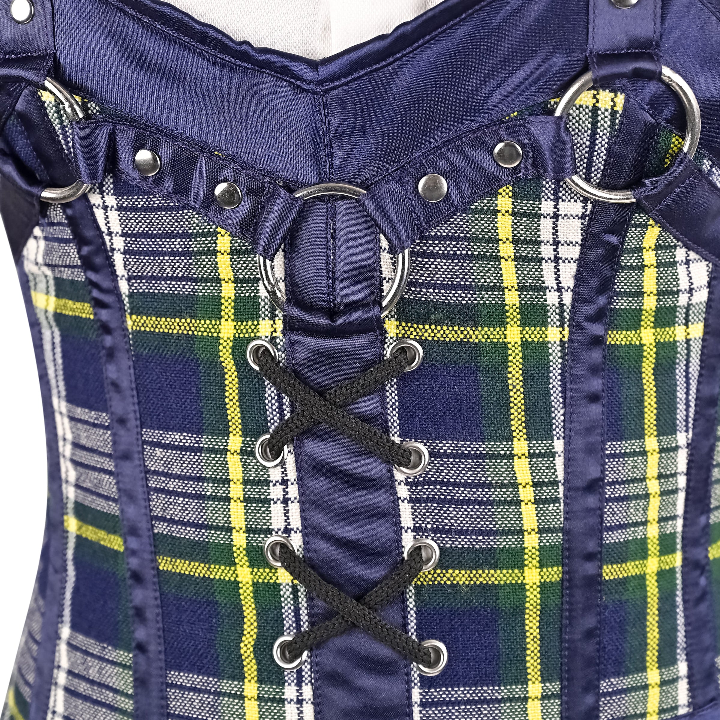 Blue Tartan overbust Male Corset with  Harness Straps