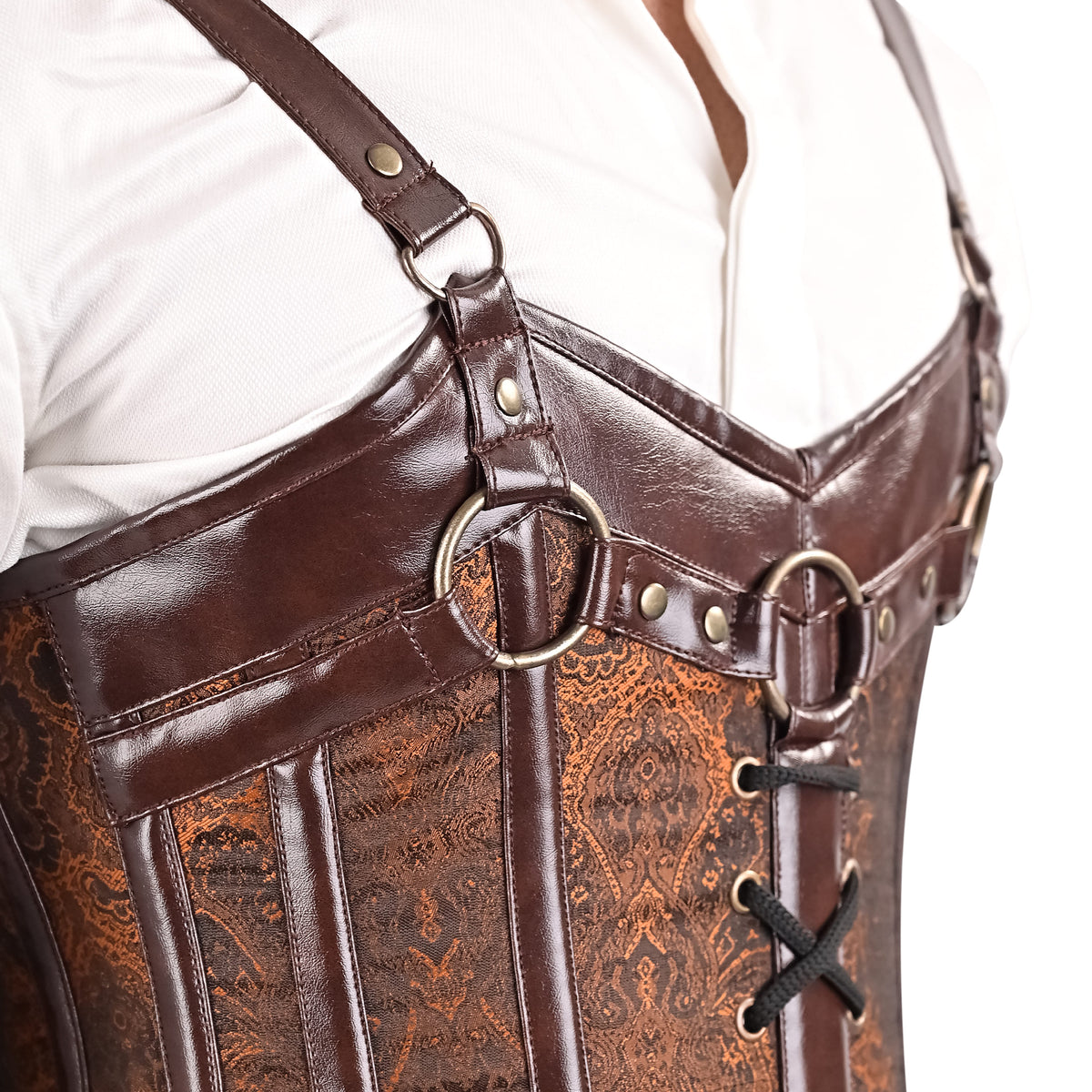 Brown Brocade overbust Male Corset with  Harness Straps