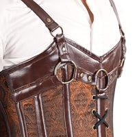 Brown Brocade overbust Male Corset with  Harness Straps