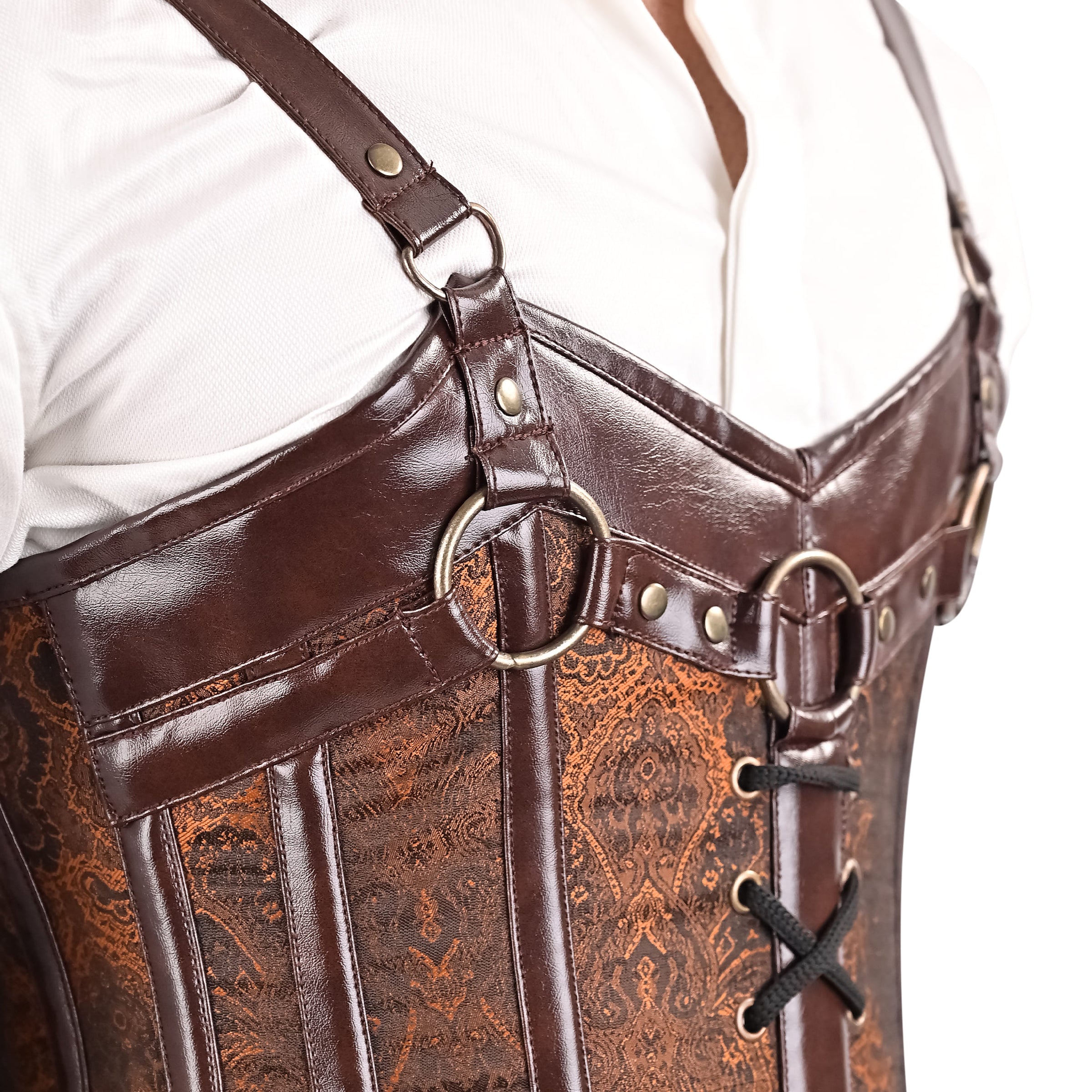 Brown Brocade overbust Male Corset with  Harness Straps