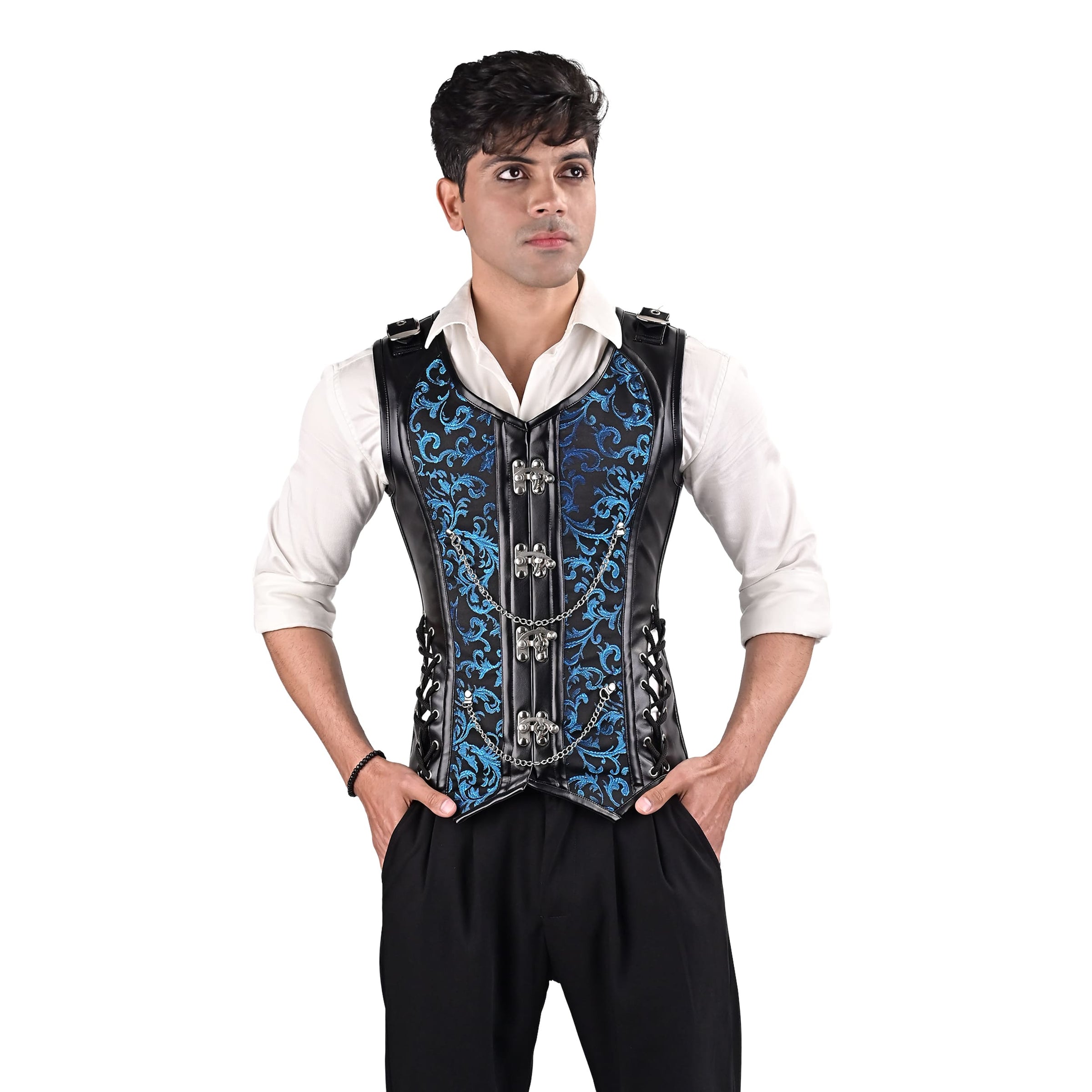 Brocade Male Corset Vest Blue
