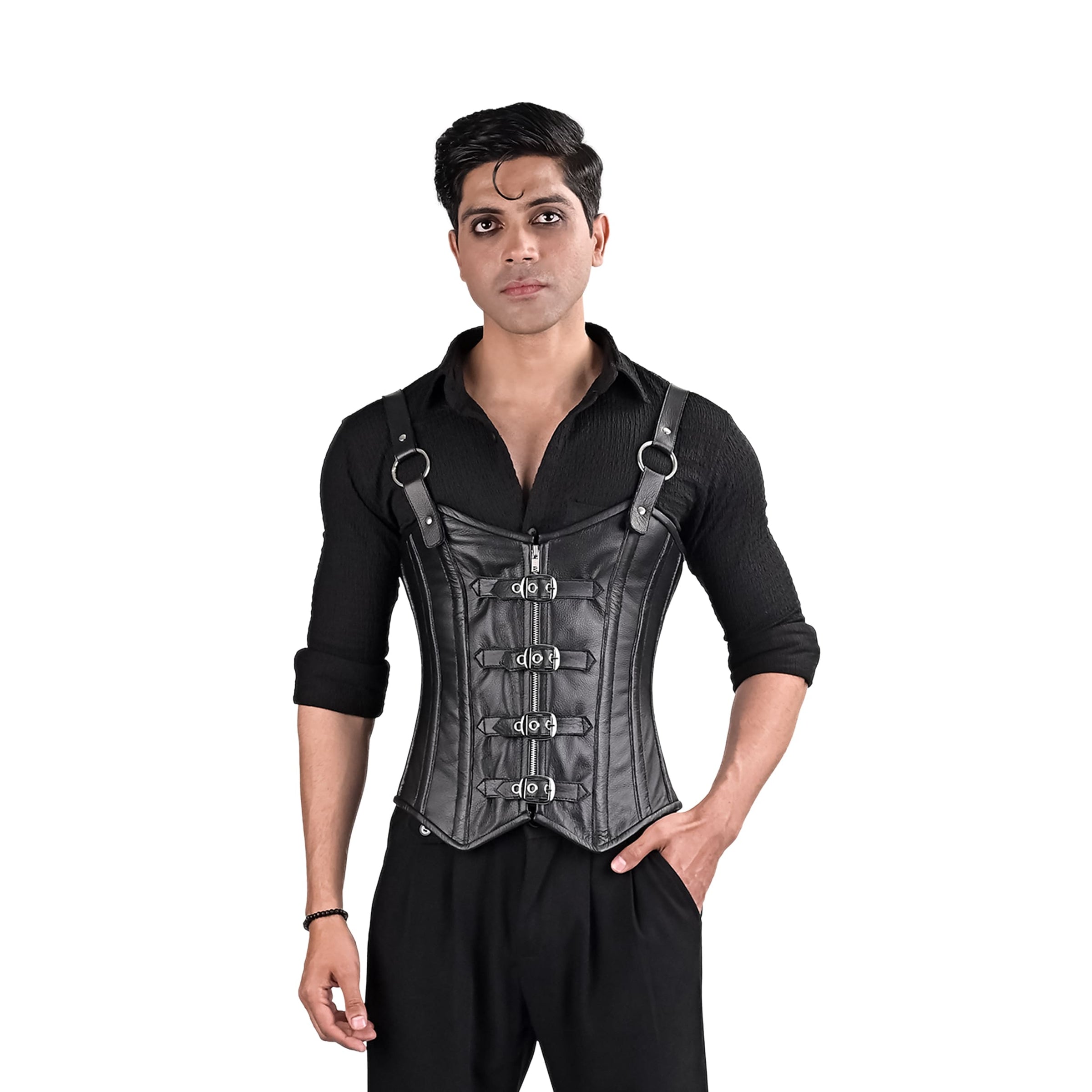 Mens Black Leather Corset with Shoulder Harness