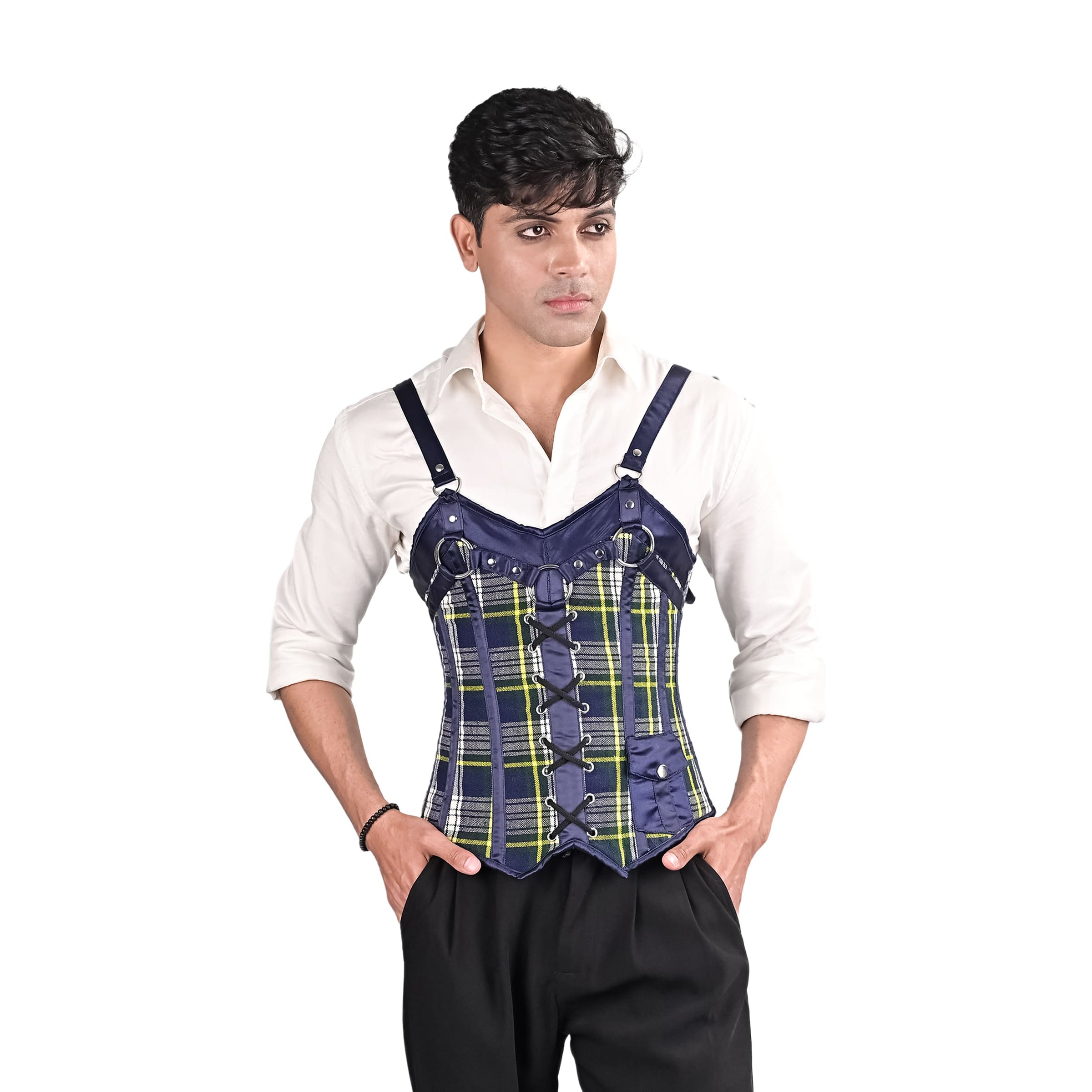 Blue Tartan overbust Male Corset with  Harness Straps