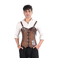 Brown Brocade overbust Male Corset with  Harness Straps