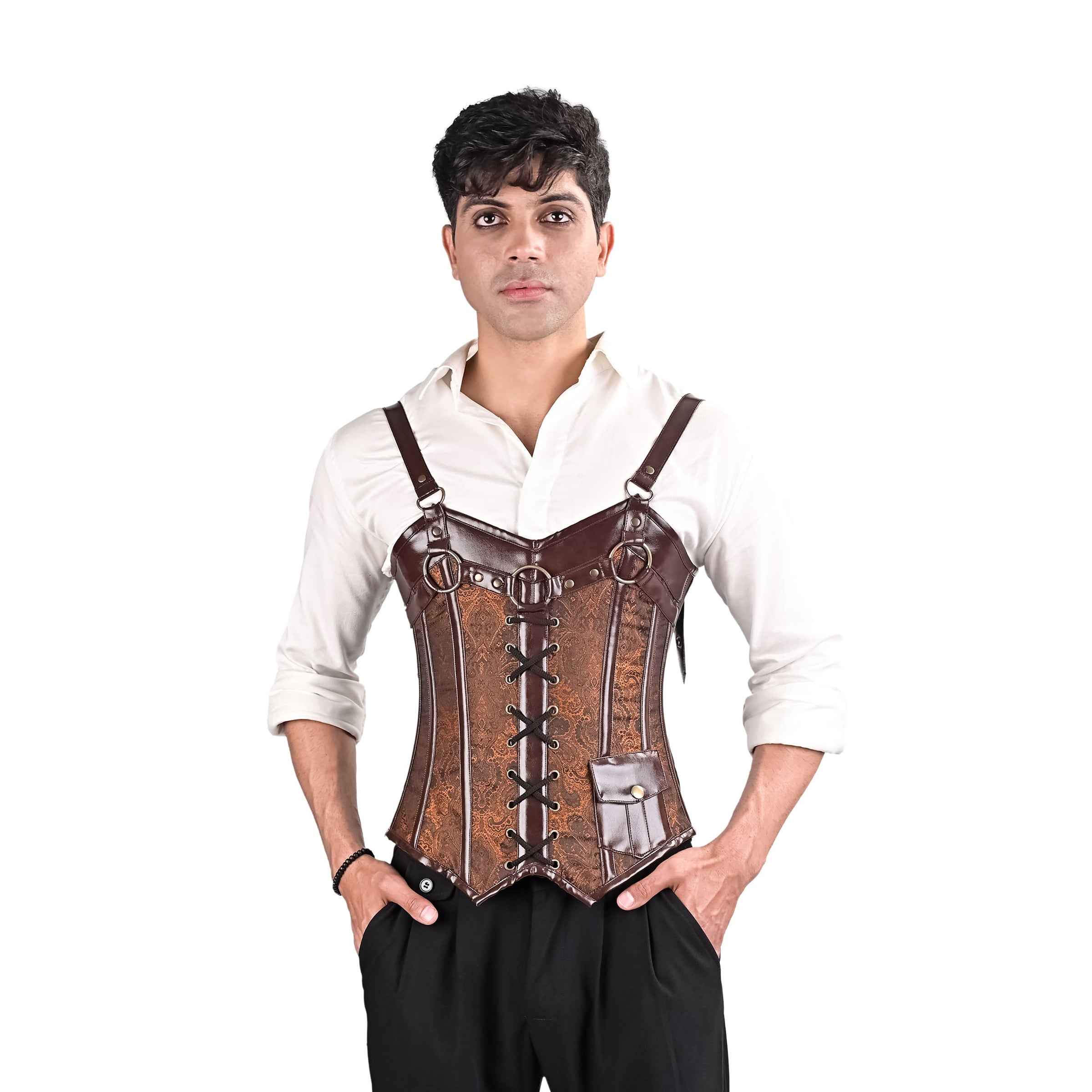 Brown Brocade overbust Male Corset with  Harness Straps