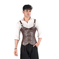 Mens Brown Leather Overbust Corset with Shoulder Harness