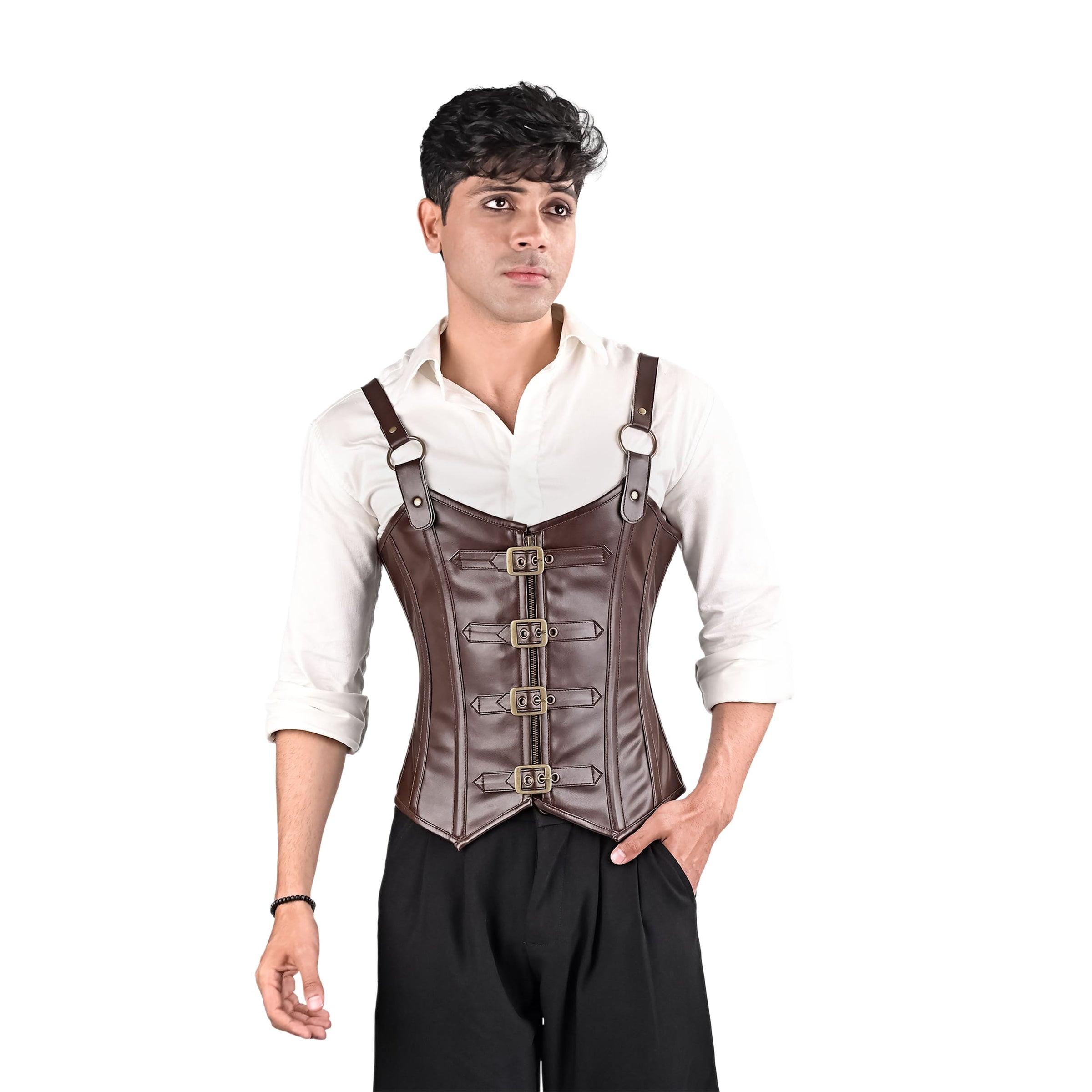 Mens Brown Leather Overbust Corset with Shoulder Harness