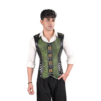 Mens Gothic Green Brocade Corset Vest with Leather