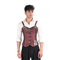Burgundy Brocade overbust Male Corset with  Harness Straps