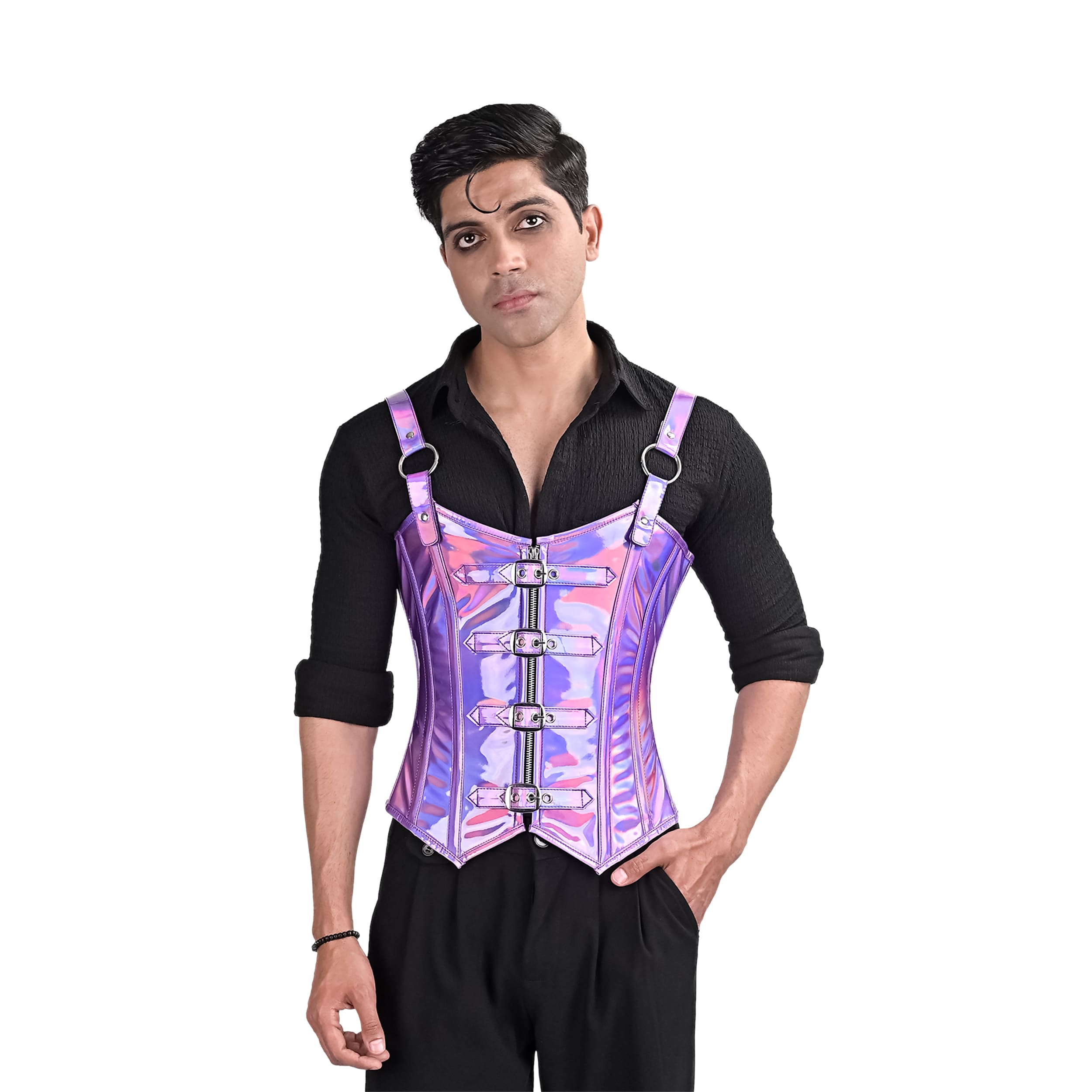 Mens Holographic Purple Corset with Harness Straps – Miss Leather