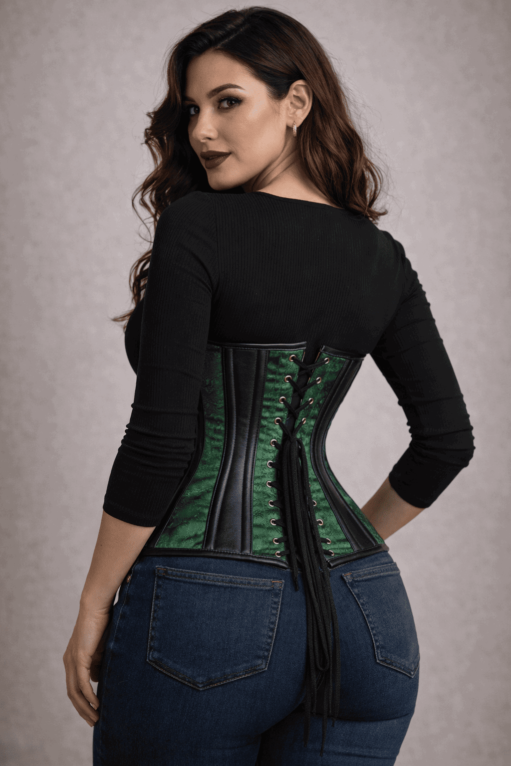 Green Brocade Under bust Corset with Black Leather Details