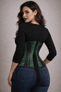 Green Brocade Under bust Corset with Black Leather Details