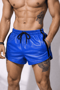 Mens Blue Real Leather Shorts