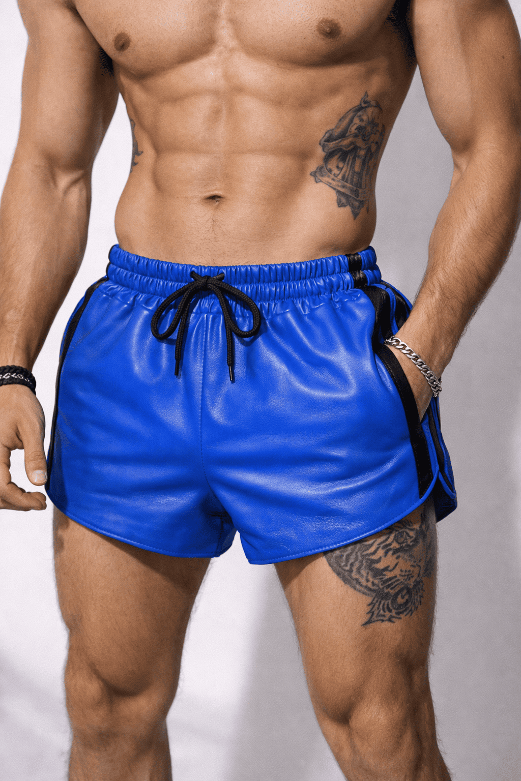 Mens Blue Real Leather Shorts