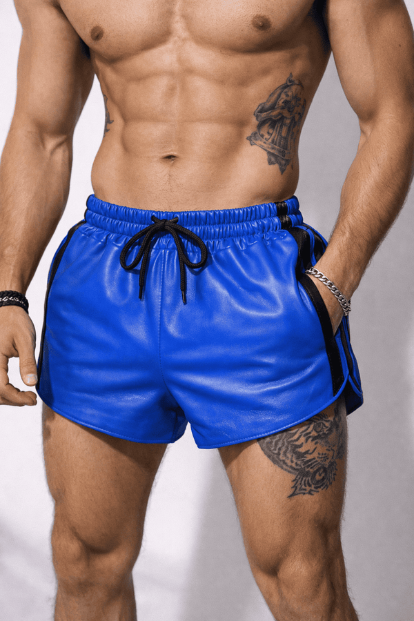 Mens Blue Real Leather Shorts