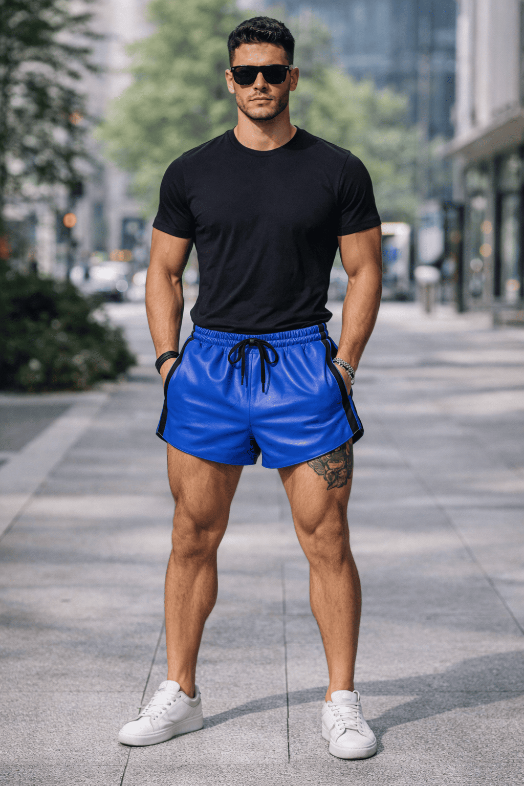 Mens Blue Real Leather Shorts