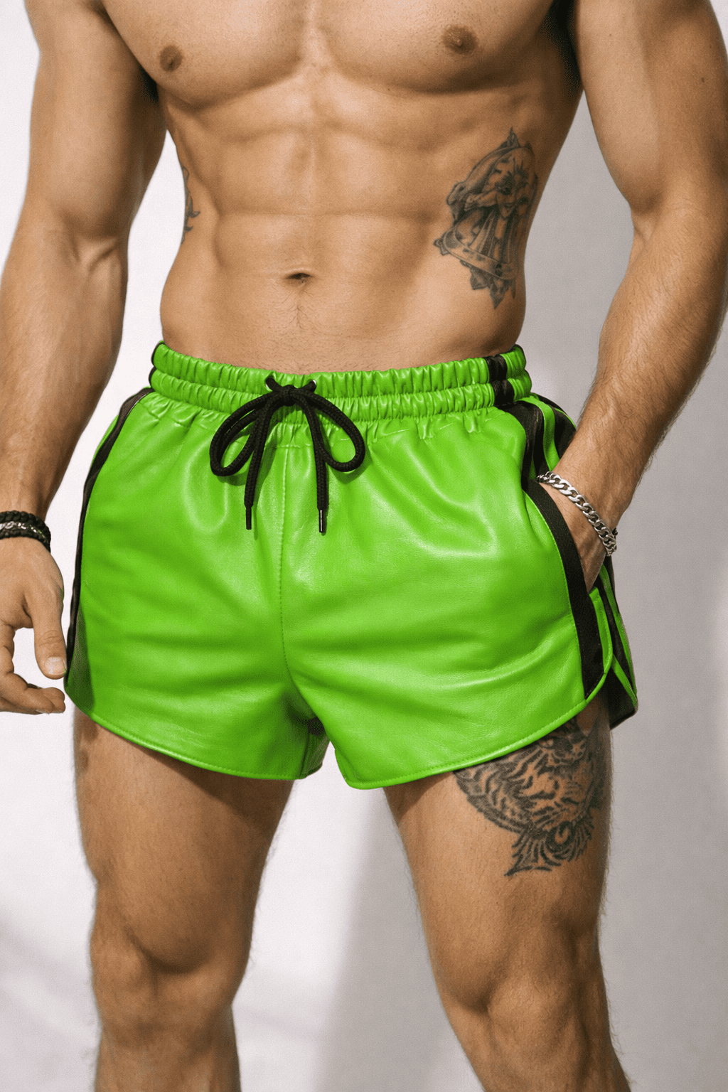Mens  Green Real Leather Shorts
