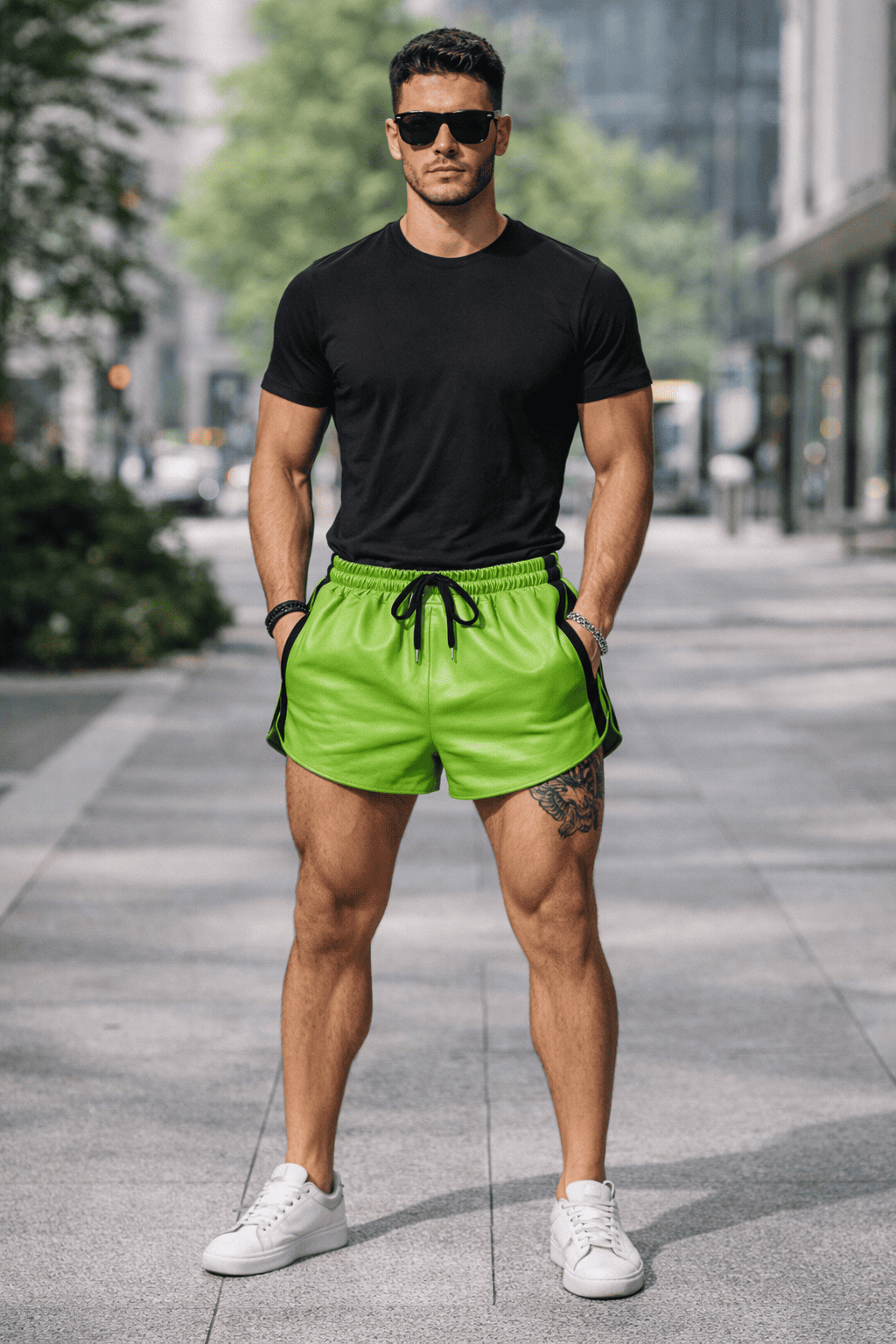 Mens  Green Real Leather Shorts