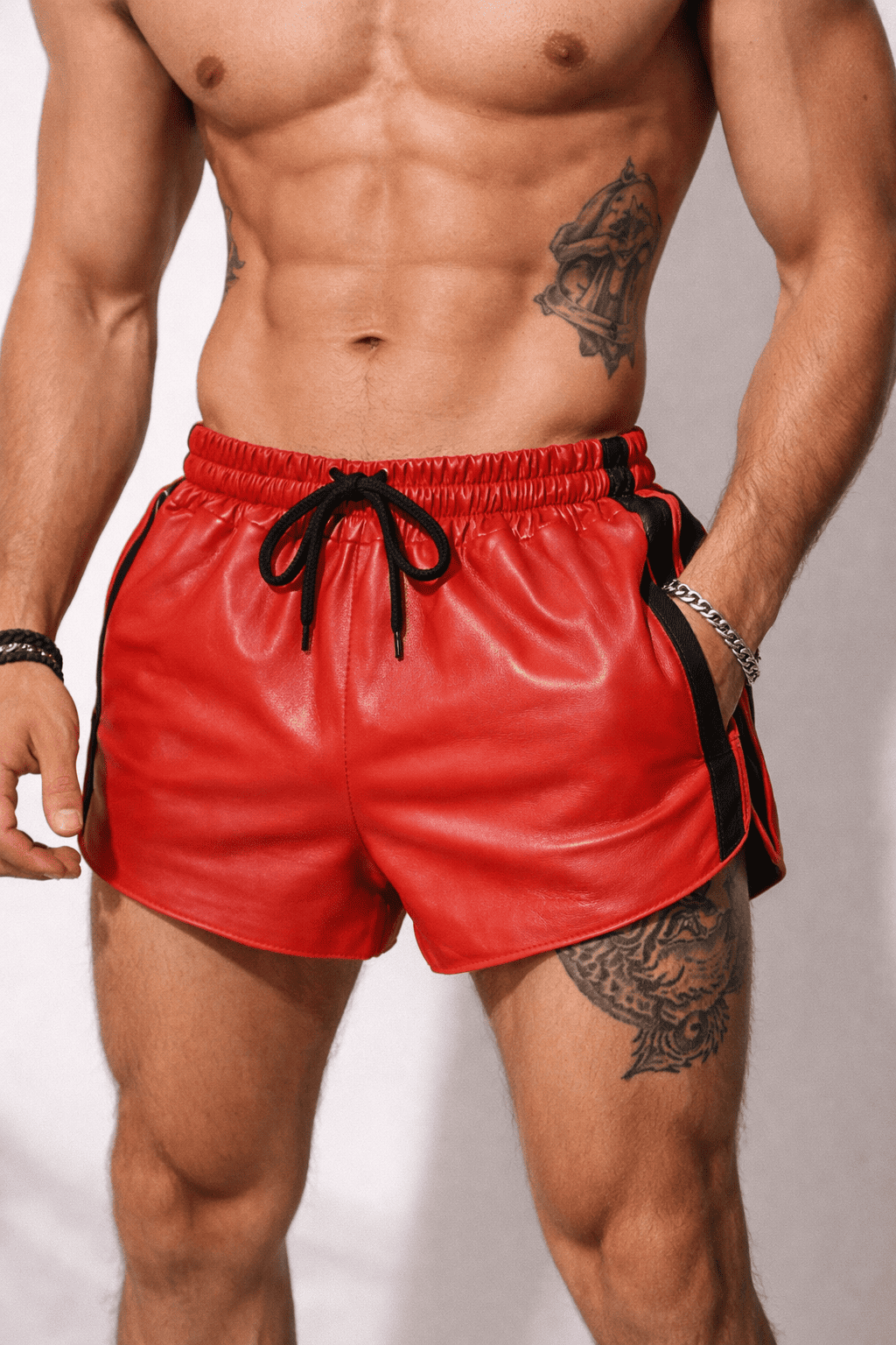 Mens Red Real Leather Shorts