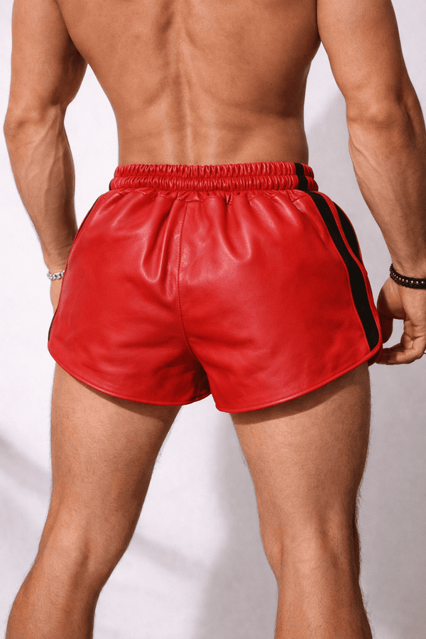 Mens Red Real Leather Shorts