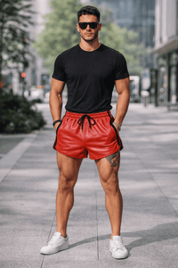 Mens Red Real Leather Shorts