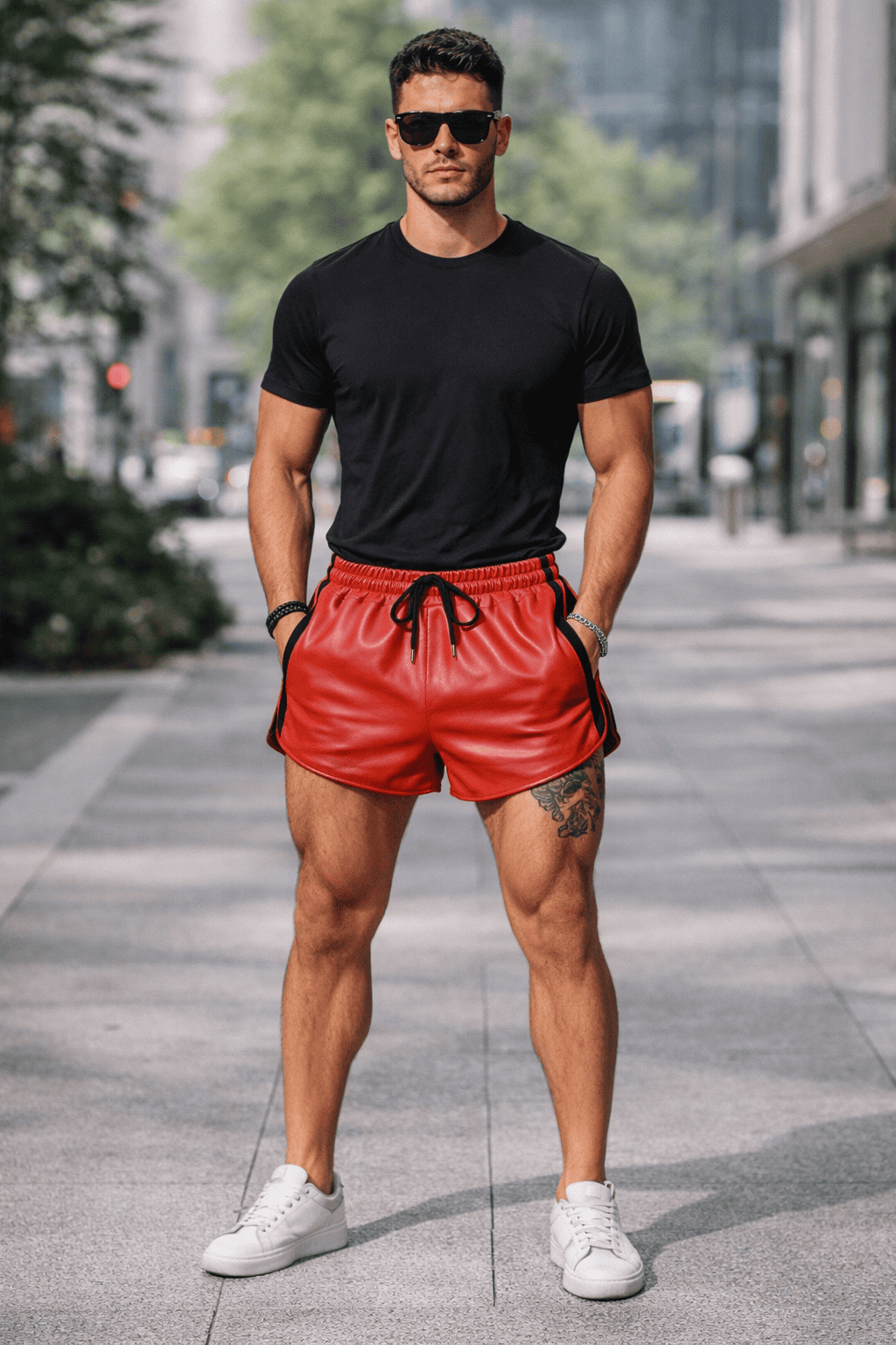 Mens Red Real Leather Shorts