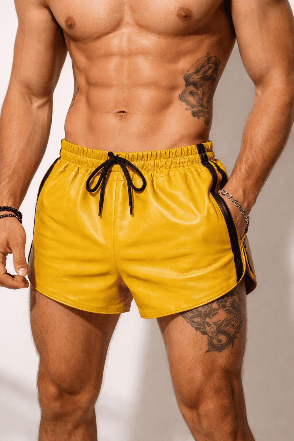 Mens Yellow Real Leather Shorts