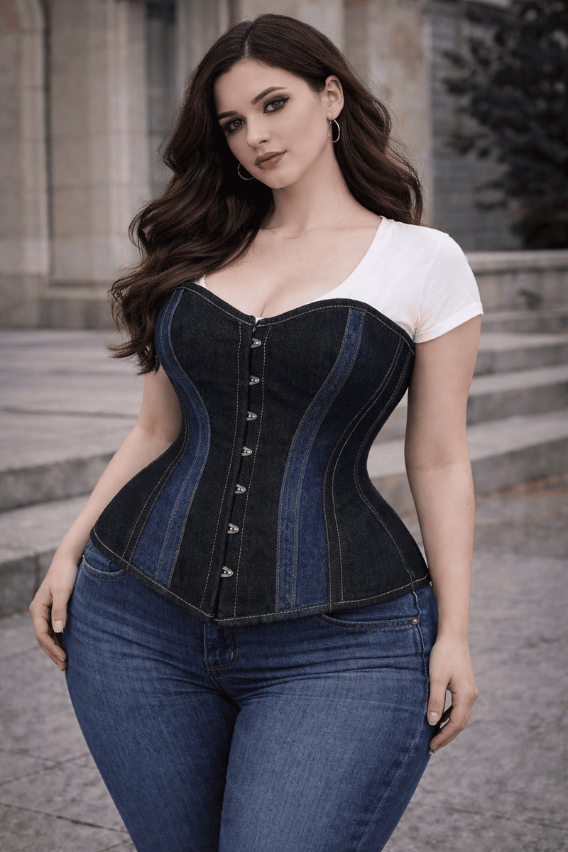 denim corset dress plus size Women's Plus Size Denim Corset Dark Wash Sleeveless Dress