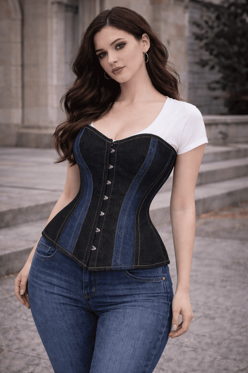 Woman wearing a black and blue corset over a white top and blue jeans outdoors.