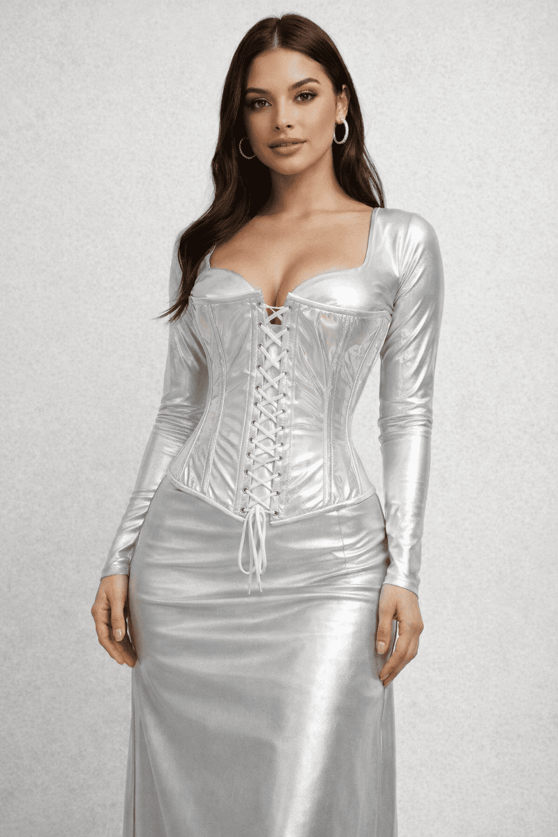 Shiny Silver Half Bust corset - Laced Corset Miss Leather Online Shiny Silver Half Bust corset - Laced Corset Miss Leather Online