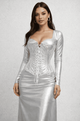 トップス her praha - circular bustier silver Shiny Silver Half Bust corset - Laced Corset – Miss Leather Online