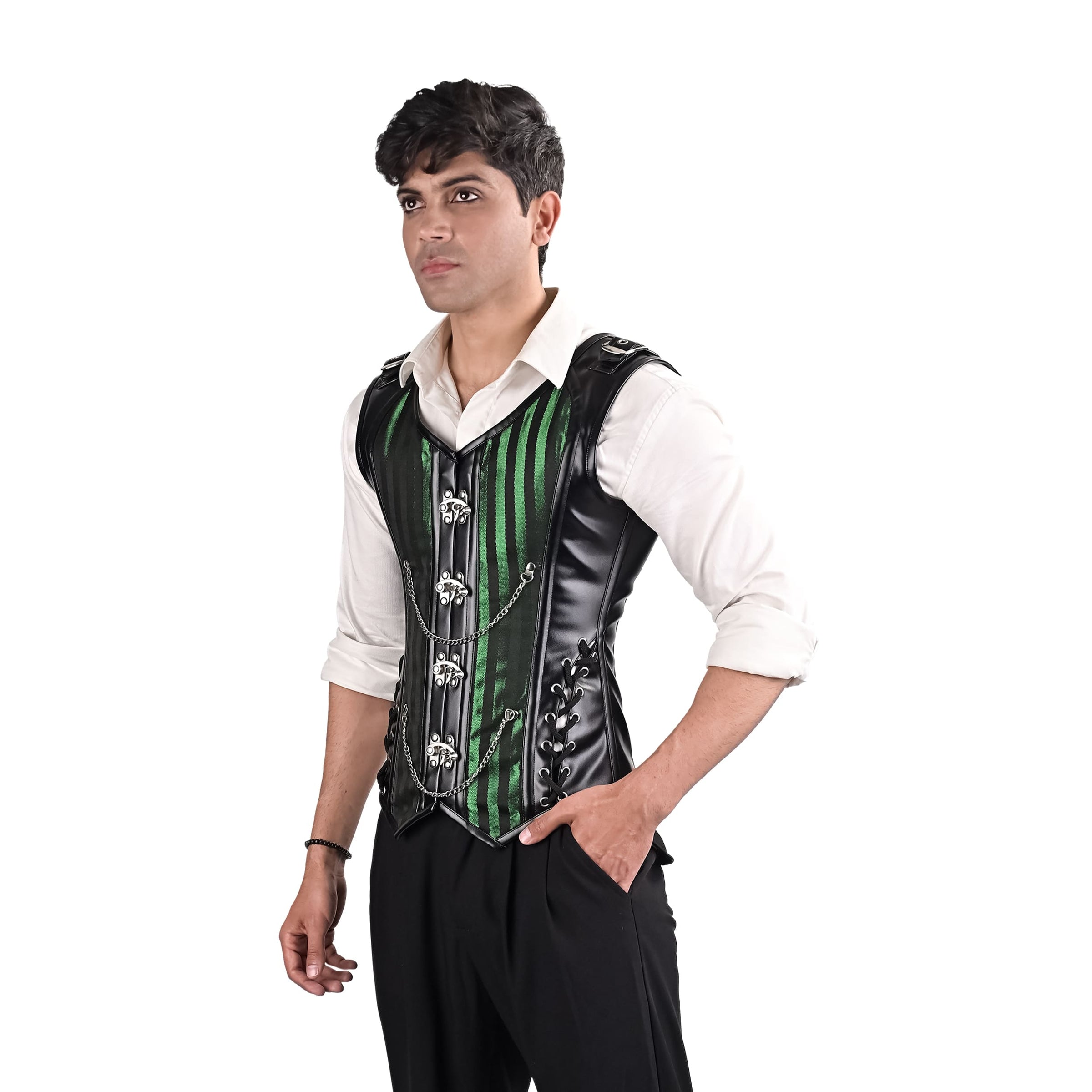 Male Corset Vest Green - Brocade Corset