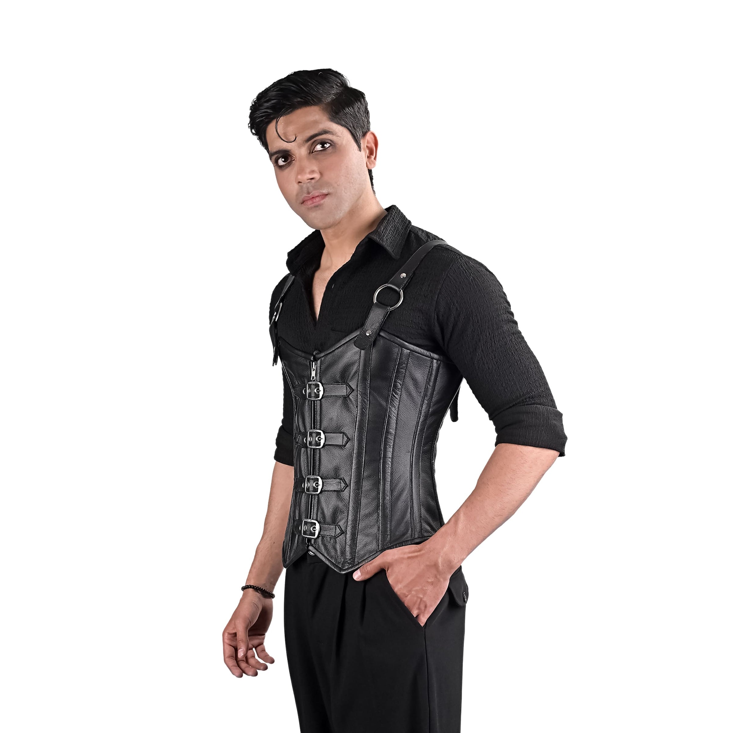 Mens Black Leather Corset with Shoulder Harness