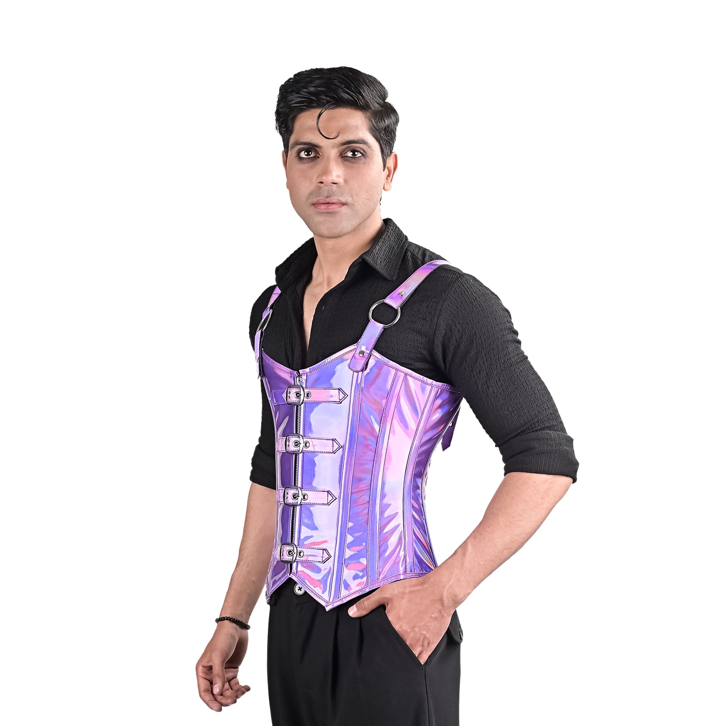 Mens Holographic Purple Corset with Harness Straps