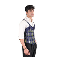 Blue Tartan overbust Male Corset with  Harness Straps