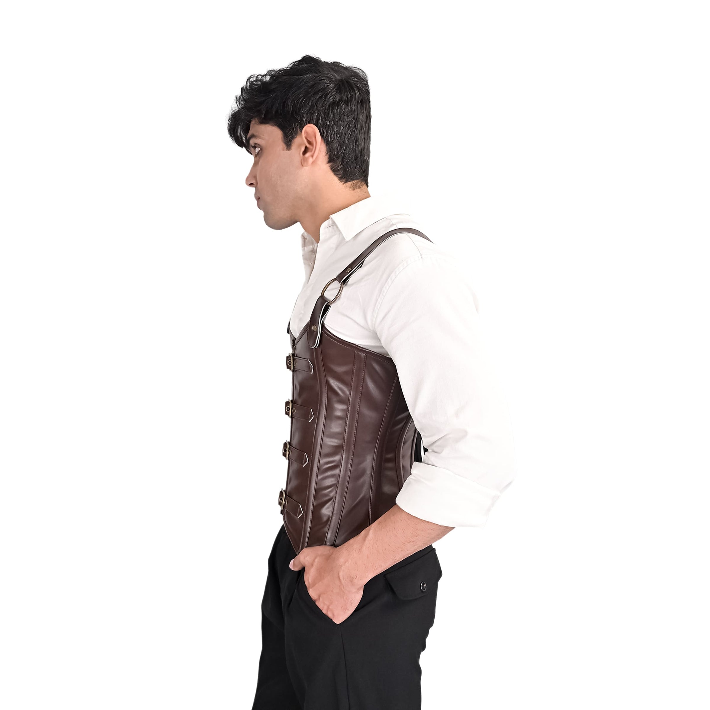 Mens Brown Leather Overbust Corset with Shoulder Harness