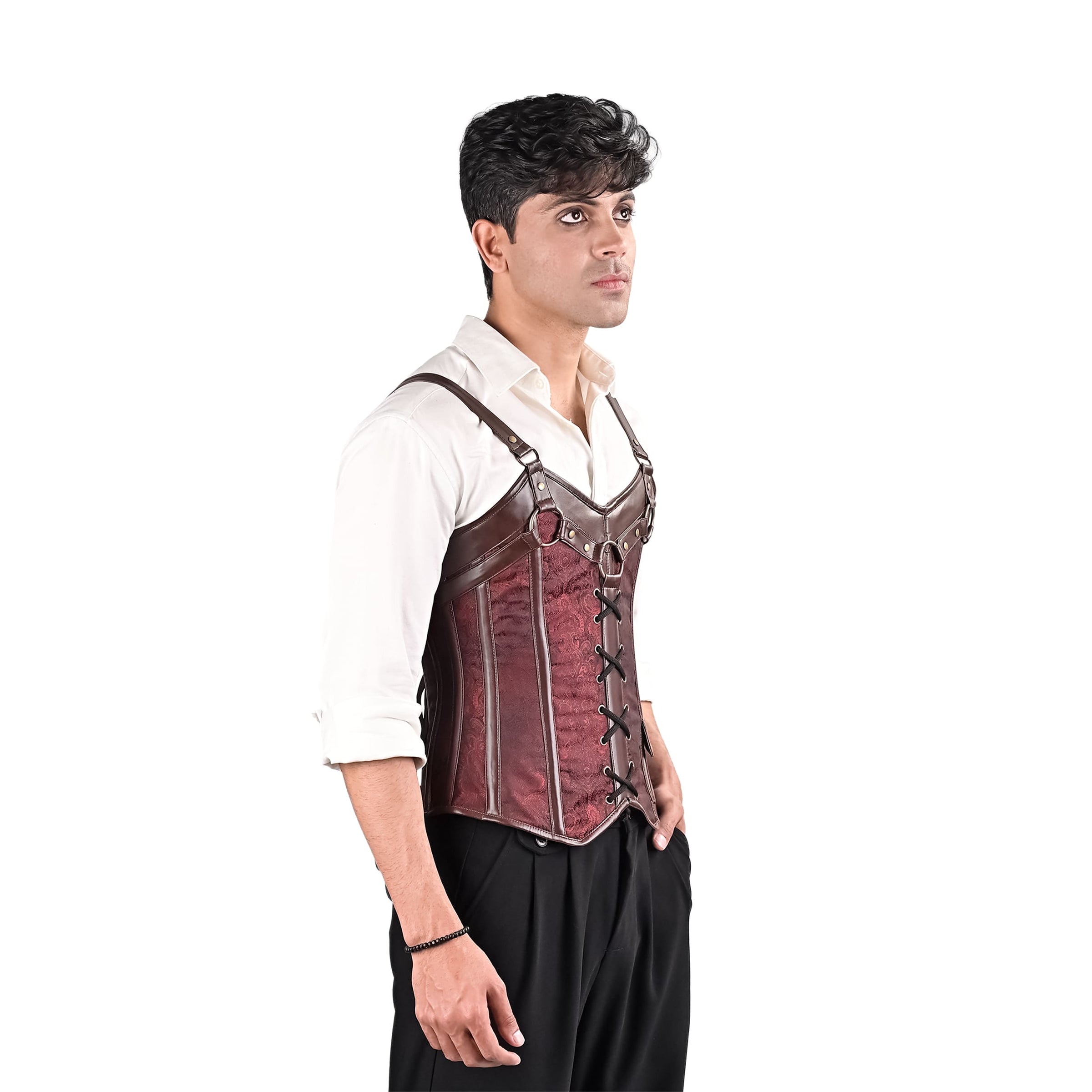 Burgundy Brocade overbust Male Corset with  Harness Straps