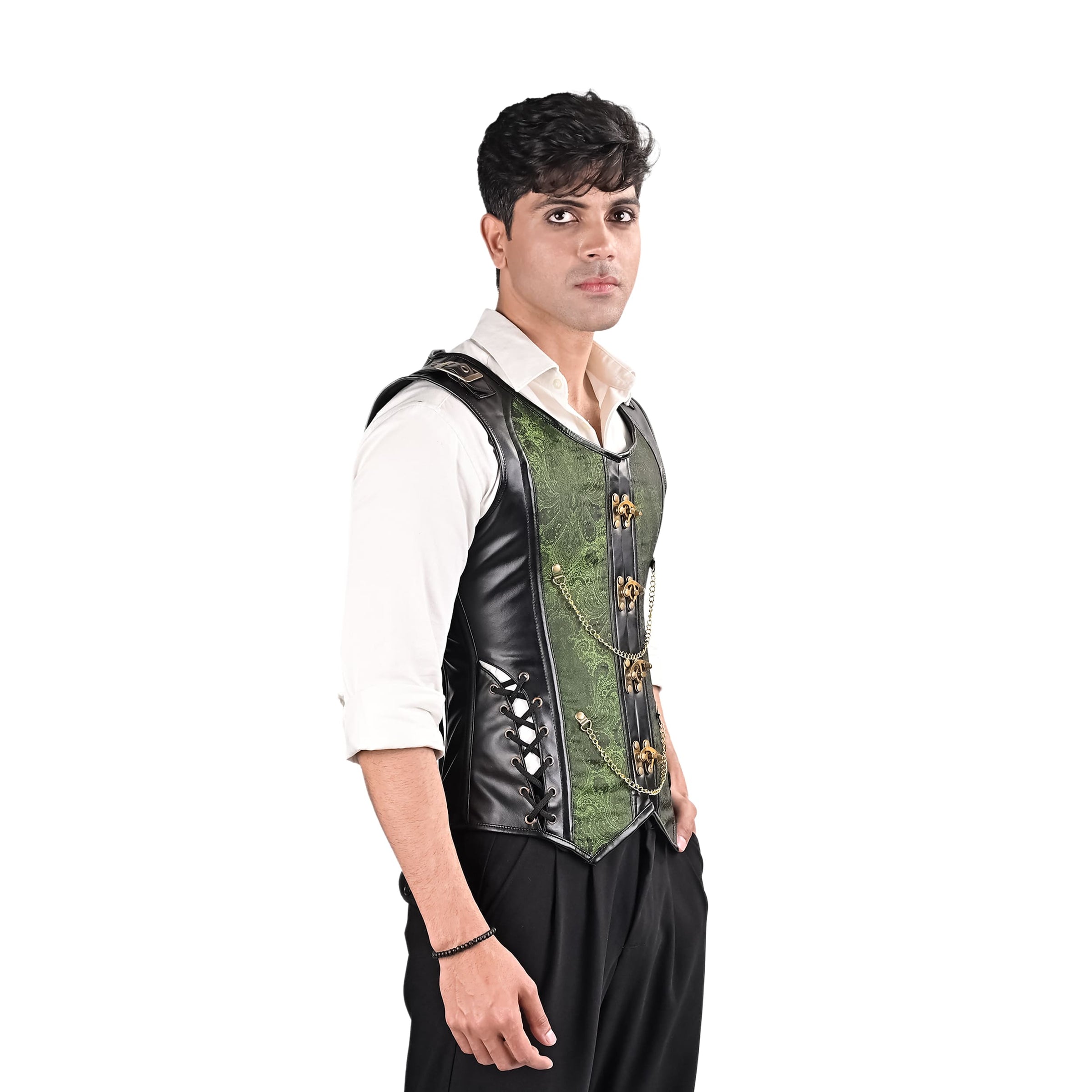 Mens Gothic Green Brocade Corset Vest with Leather