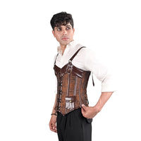 Brown Brocade overbust Male Corset with  Harness Straps