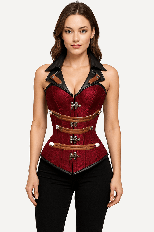 Black and Red Over Bust Corset with Leather Collars