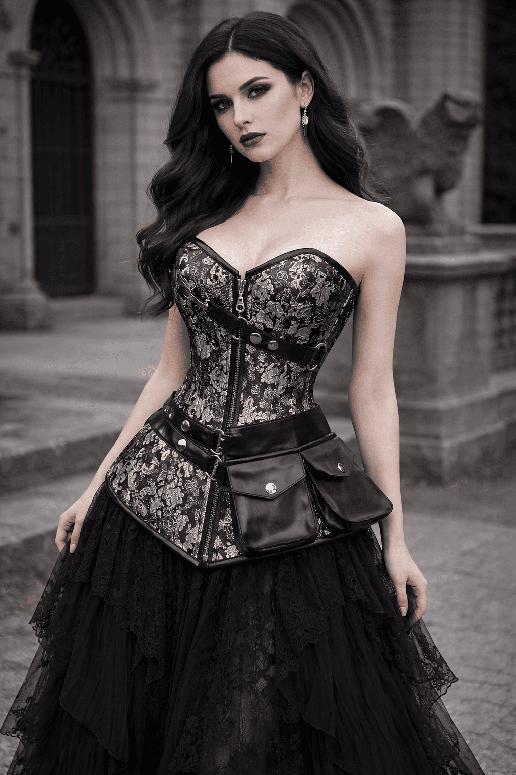 White and Black corset with Leather Bag- Over Bust Corset