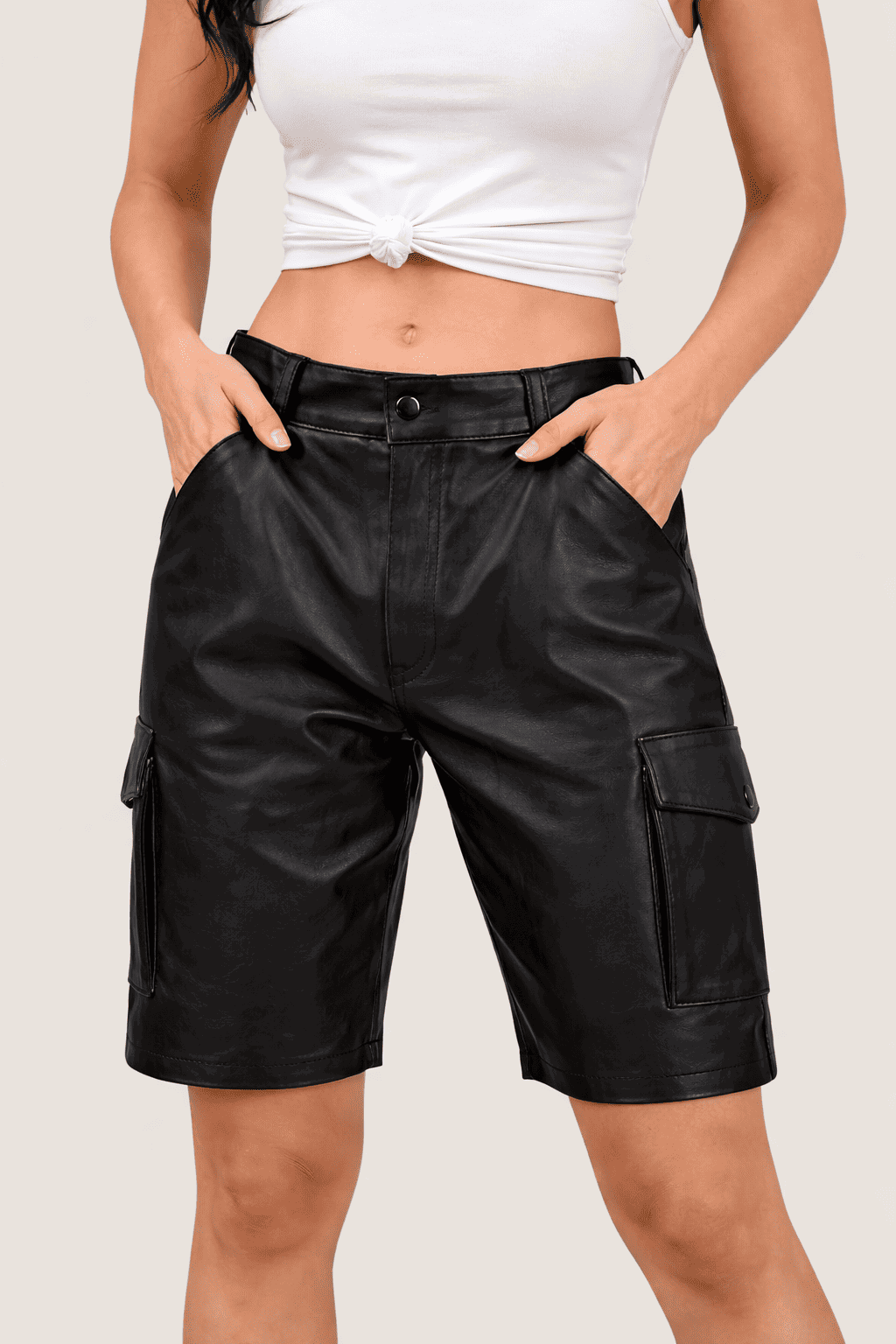 Womens Black Real Leather Cargo Shorts with Side Pockets
