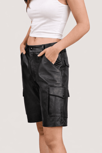 Womens Black Real Leather Cargo Shorts with Side Pockets