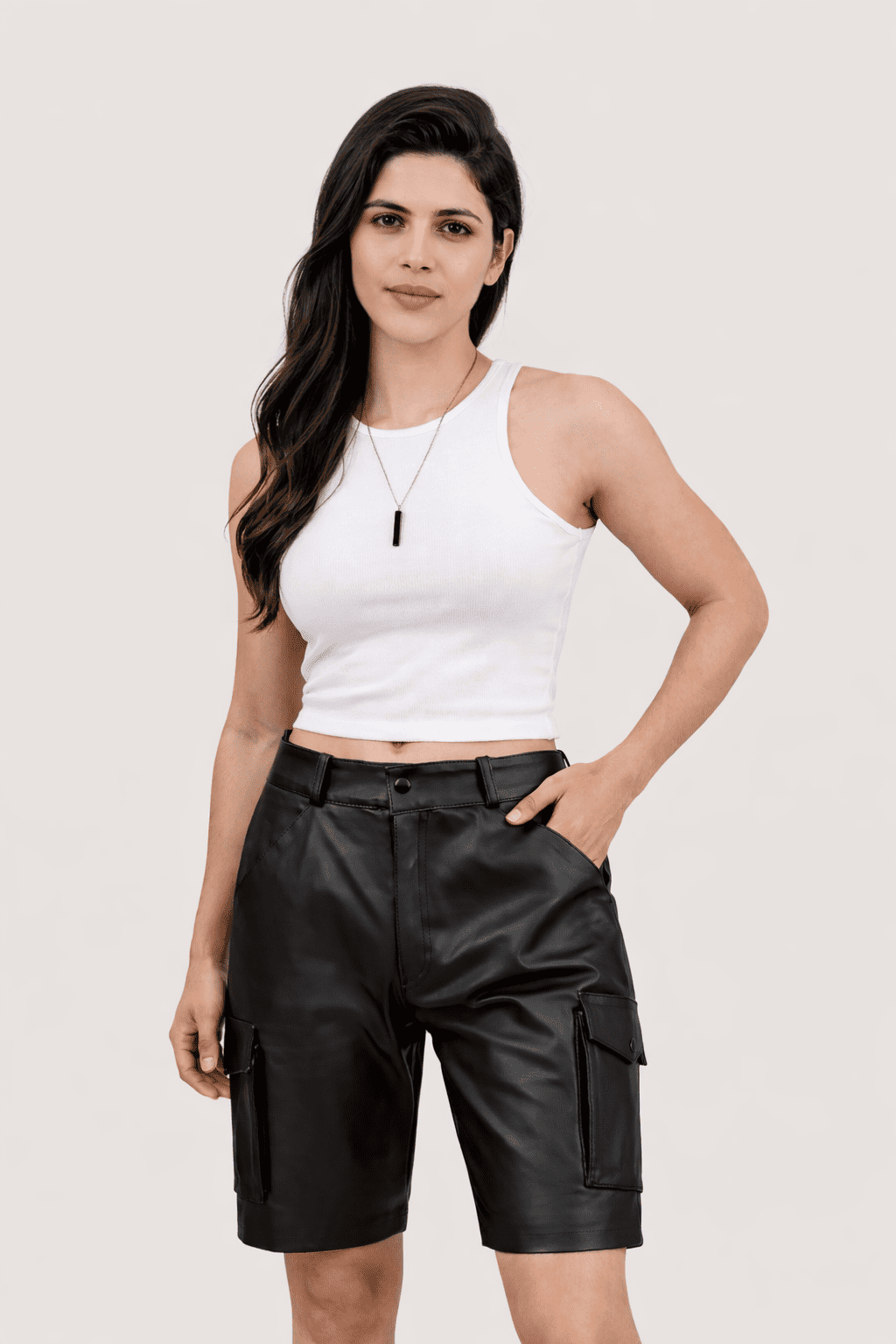 Womens Brown Real Leather Cargo Shorts with Side Pockets