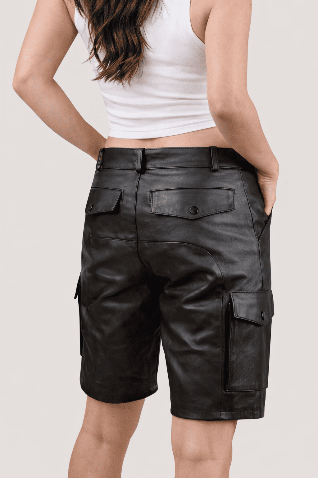 Womens Black Real Leather Cargo Shorts with Side Pockets